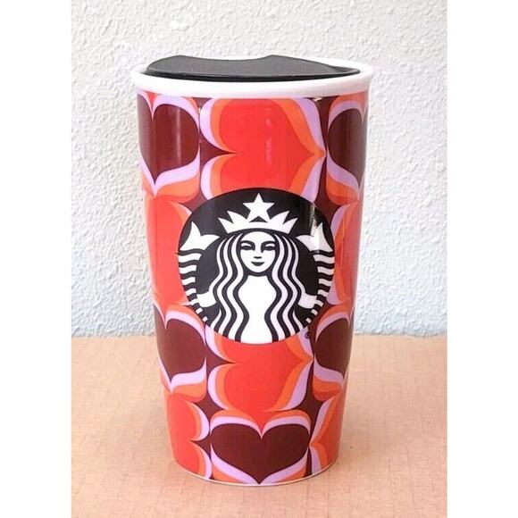 Starbucks Other - Starbucks Hearts Ceramic Travel Tumbler With Lid 12 Oz Coffee Mug Cup Valentines